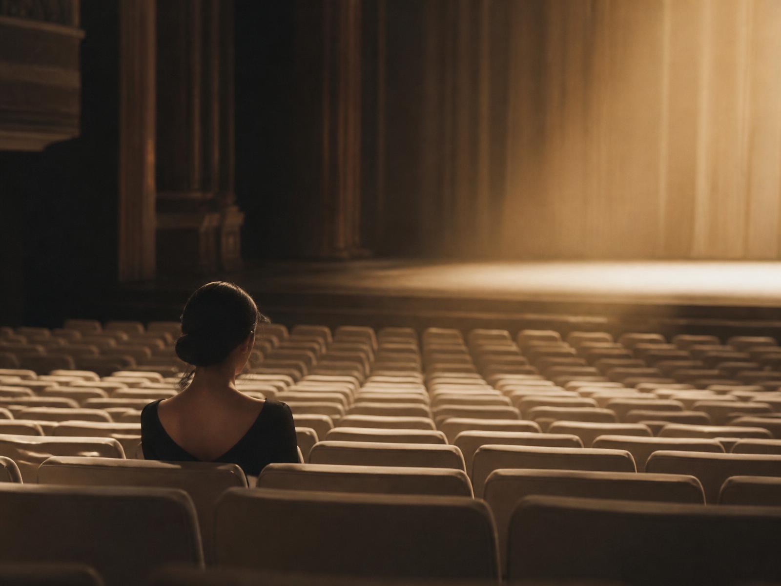 A woman seated alone in the front row of an empty auditorium